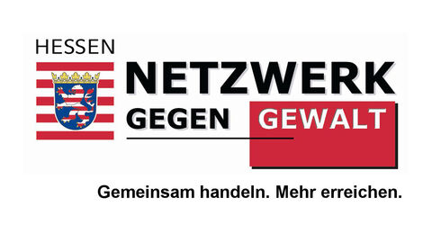 Logo Netzwerk gegen Gewalt, Hessenmarke und Schriftzug "Netzwerk gegen Gewalt. Gemeinsam handeln. Mehr erreichen."