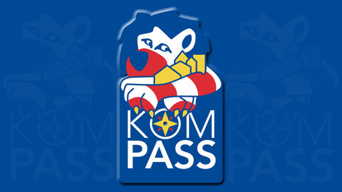 KOMPASS Löwe - blau, weiß, roter Hessenlöwe legt beschützend seine Arme um Häuser und weißem Schriftzug Kompass mit einer Kompassnadel im O