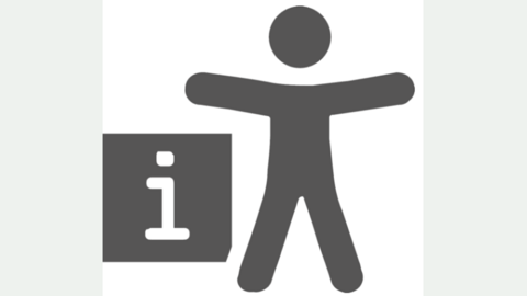 Dunkles Strichmännchen auf weißem Hintergrund - links ein dunkles Quadrat mit einem weißen i darauf