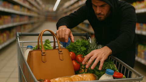 Person greift nach Handtasche im Einkaufswagen