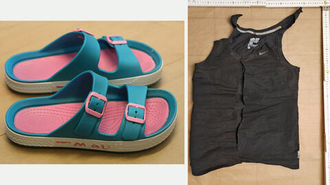 Bekleidung der unbekannten Toten: zweischnallige offene Schuhe in blau mit Pinkfarbener Innensohle und weißer Sohle der Marke Maui und schwarzes Trägerhemd 