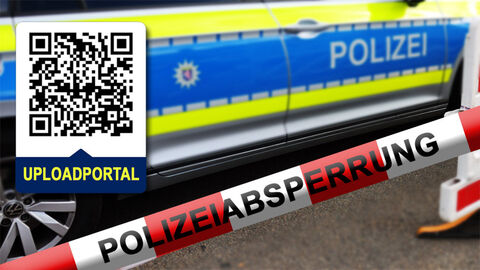 Erpressungen und Brandstiftungen in Kassel; Foto zeigt eine Polizeiabsperrung und einen QR-Code Link zum Uploadportal, im Hintergrund unscharf einen Streifenwagen