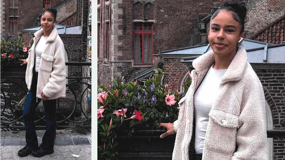 Collage der vermissten weiblichen Person, links Ganzkörperaufnahme, rechts daneben Oberkörperaufnahme. Sie ist 160cm groß und schlank