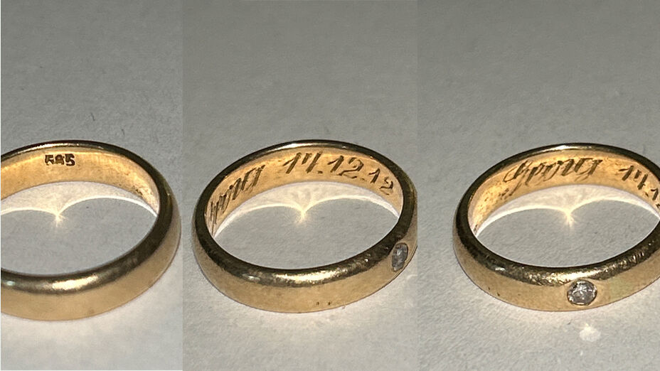 Bild zeigt einen goldenen Ring aus drei Perspektiven mit der Inschrift -Georg 14.12.12-